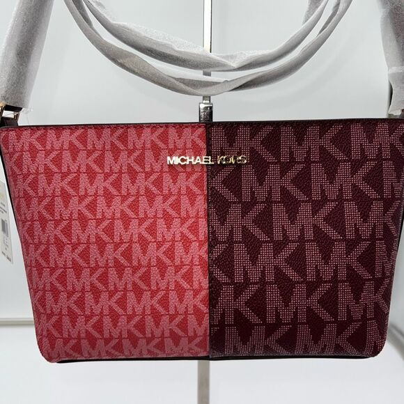 MICHAEL KORS JET SET SMALL ZIP CROSSBODY MK BAG 2 TONE OXBLOOD MERLOT PINK LOGO - Picture 2 of 12